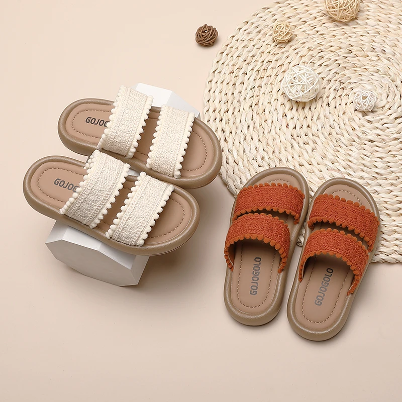 Girls Slippers Ethnic Style 2026 New Summer Versatile Soft Platform Children Casual Shoes Simple Non-slip Princess Slides Woven