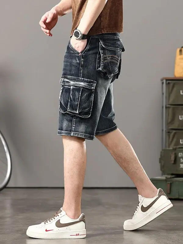 Retro workwear masculino verão denim orts perna reta motocicleta equitação grande ket fino ajuste calças de cinco quartos juventude faion