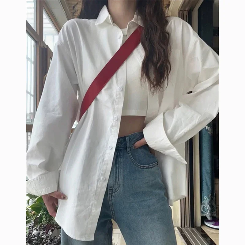 Autumn Long Sleeve White Shirt Women Casual Cotton Solid Loose Blouse Women Elegant Button Up Office Shirts Ladies Tops 29949