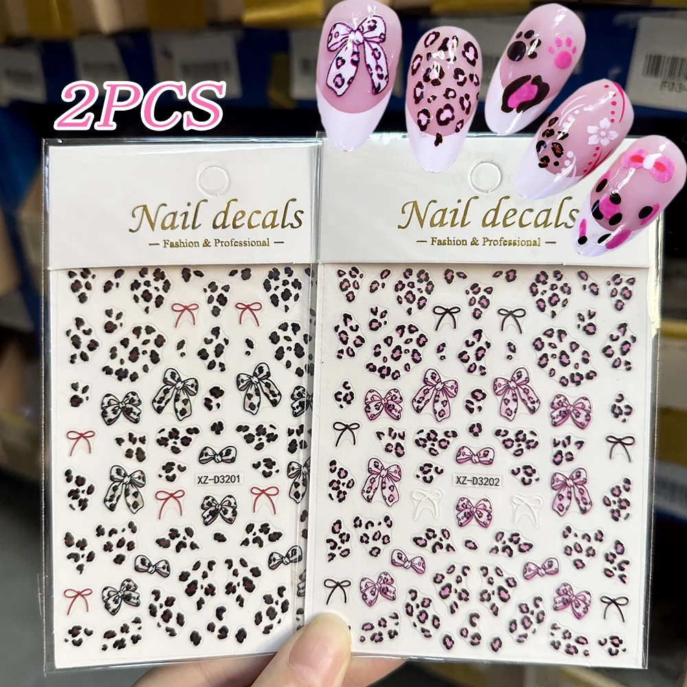 2pcs Spotted Leopard Print Bow Nail Art Stickers Pink Brown Sexy Sweet Leopard Print Bowknot Decals 8*10cm Adhesive Nail Sliders