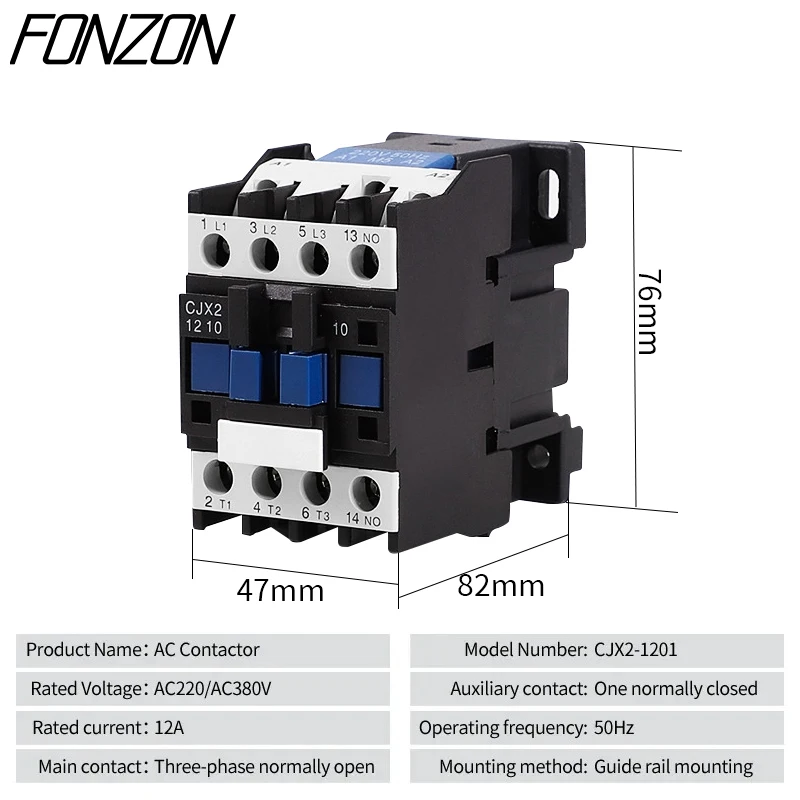 CJX2 Electromagnetic AC contactor 3Phase rail-mounted motor controller contactor NC or NO24V/36V/110V/220V/380V 9A-32A