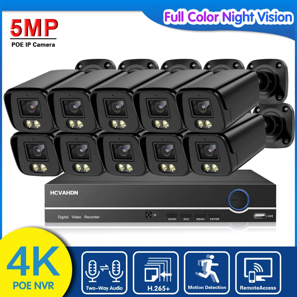 

5MP POE Security Camera System Ultra HD 4K 10CH POE NVR Kit 2 Way Audio Color Night Vision CCTV Video Surveillance System Kit