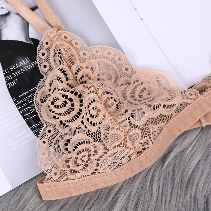 New Average Size Camisole Women\'s Bra Thin Sexy Lace Mesh Transparent Base Bra No Chest Pad Hollowed Back Buckle