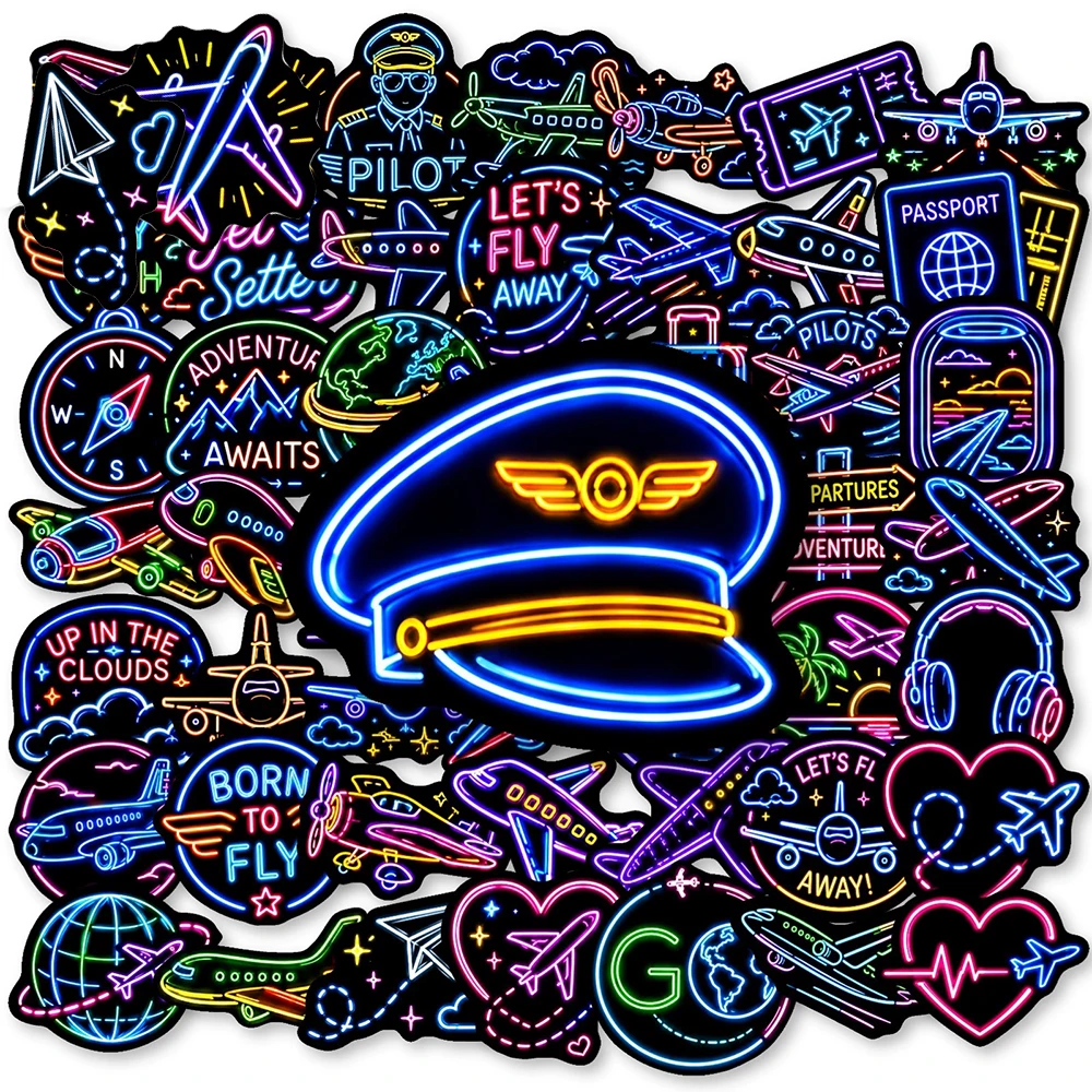 10/30/50pcs Kawaii Neon Light Airplane Travel Stickers Cute Cartoon Creative Decals Suitcase Phone Notebook Waterproof Sticker