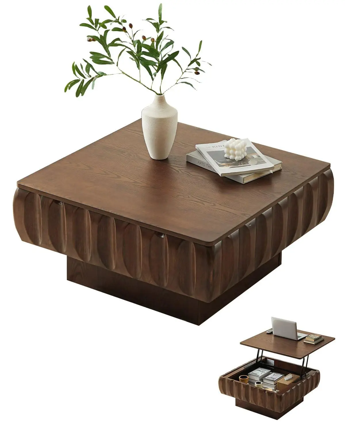 

31" Lift Top Coffee Table, Fluted Coffee Table with Hidden Storage, Rectangle Handmade Solid Wood Strips for Small Space
