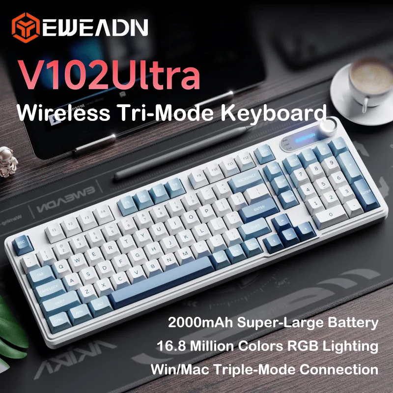 EWEADN V102Ultra TriMode Wireless Keyboard 99 Keys Membrane RGB Backlit OLED Screen Multimedia Knob Rechargeable Keyboard