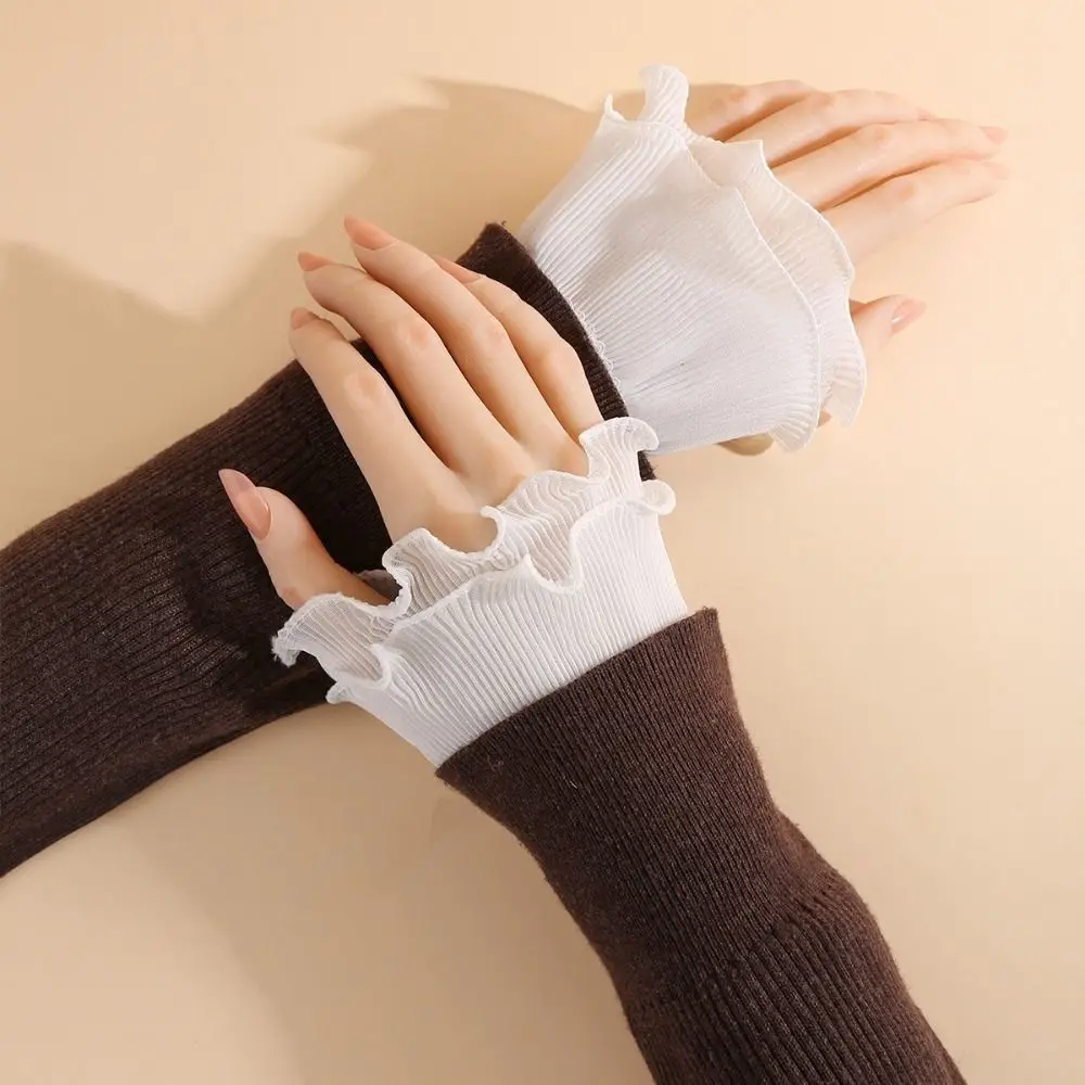 Manset Palsu Berlapis-lapis Model Ruffle, Dapat Dilepas, Warna Putih Hitam, Manset Sweater