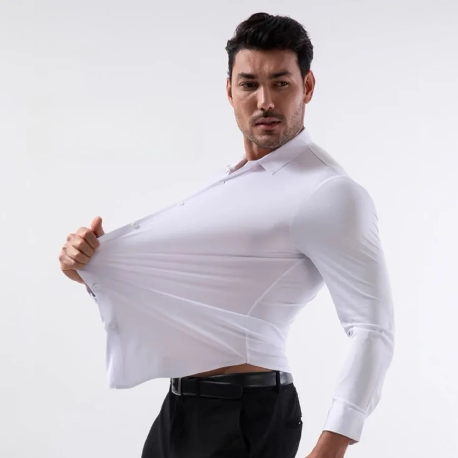

High Elastic Men's Shirts High Quality Solid Color Anti-wrinkle Business Shirt Summer Cool Breathable Tops Suit Inner Wear