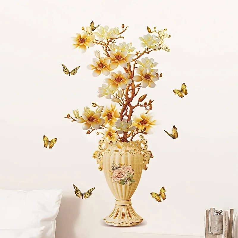 2D plane, 1 European-style embossed vase Magnolia wall stickers Butterfly ornament stereo effect decorative stickers