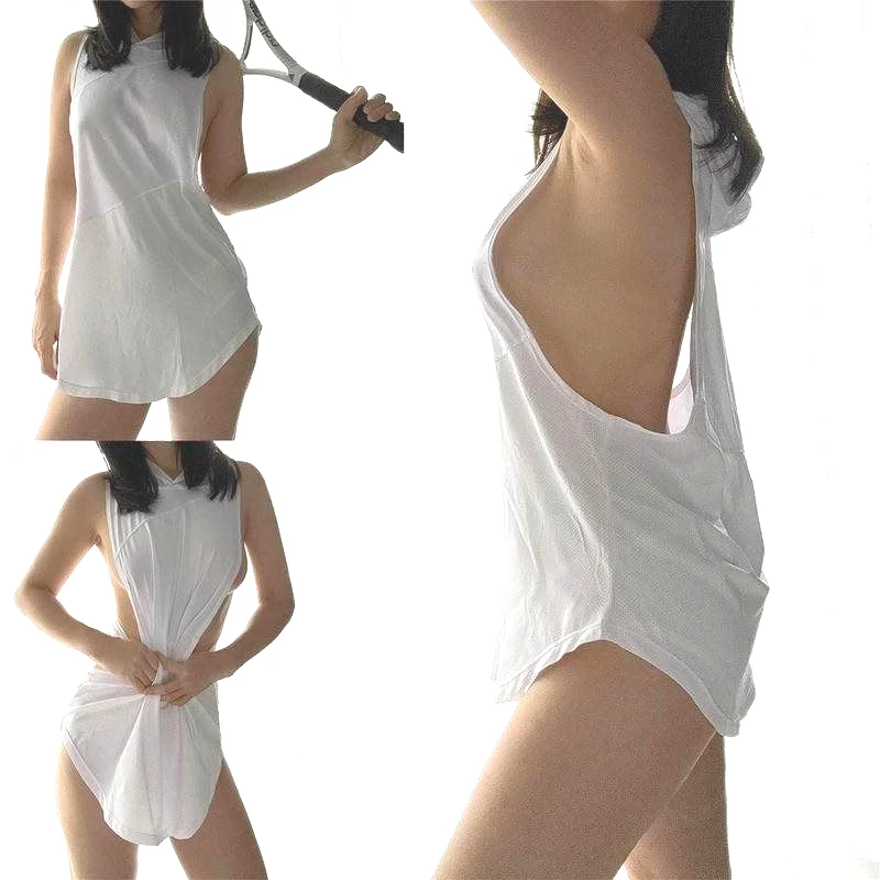 Women Sexy Side Hollow Out Above Knee Mini Dresses Loose Fit White Sleeveless Vest Summer Sporty Wear Hot Girl Erotic Lingeries