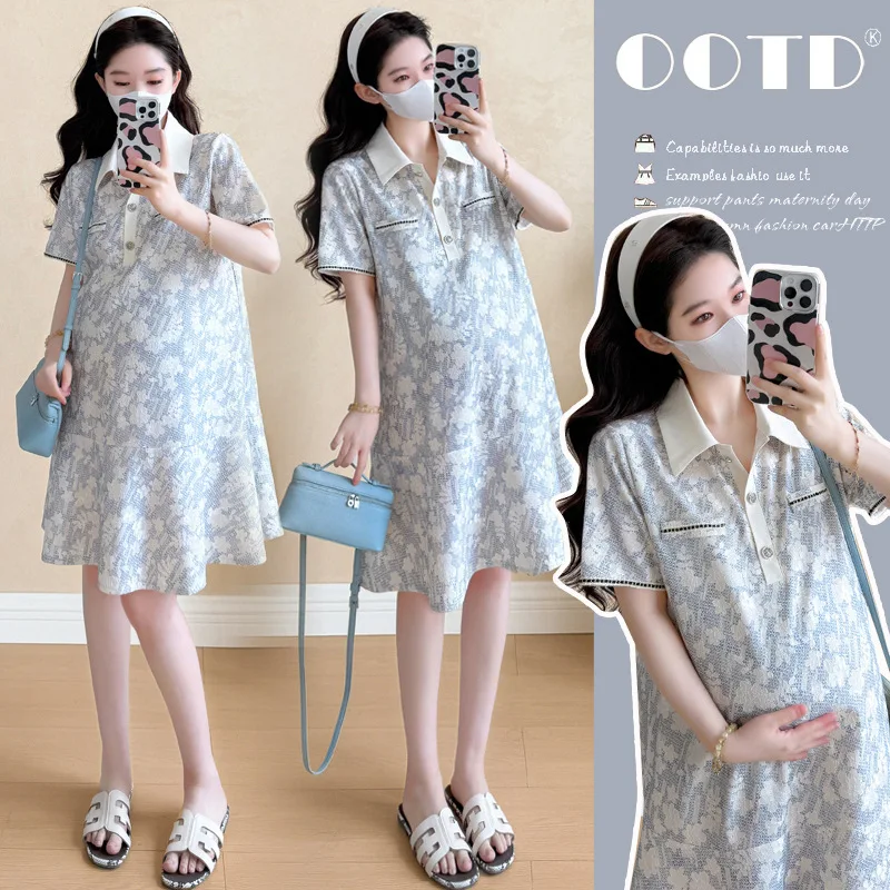 

Elegant Maternity Summer Dress New Embroidered Polo Neck Jacquard Dress Loose Fit Versatile Stylish Outfit for Pregnant Women