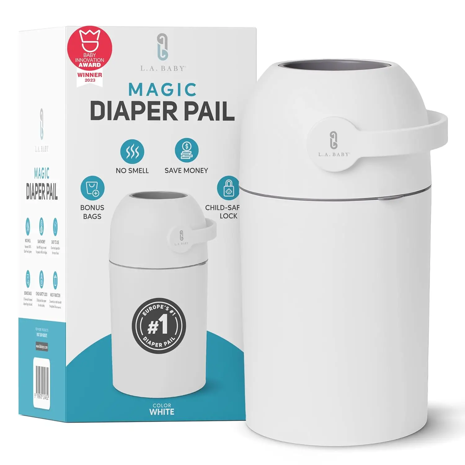 

Magic Diaper Pail with Odor-Free System, Child-Safe Lock, Award-Winning Design - Works with Regular Trash Bags, White