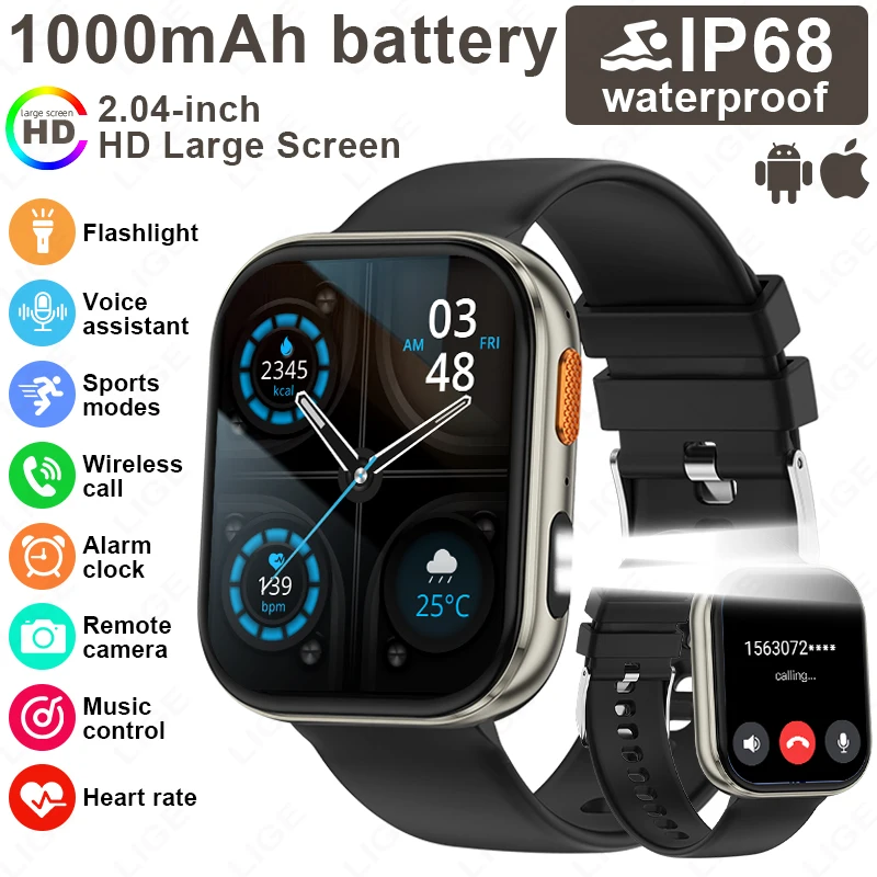 

LIGE Smart Watch LED Flashlight 1000mAh Battery 2.04'' HD Large screen Music Control smart watches for men women for Android IOS