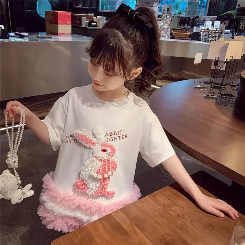 Toddler Kids Summer Short Sleeve Shirt Dresses for Girls Cute Rabbit Princess Dress Children Girl Outfits Clothing 3 4 5 6 7 8