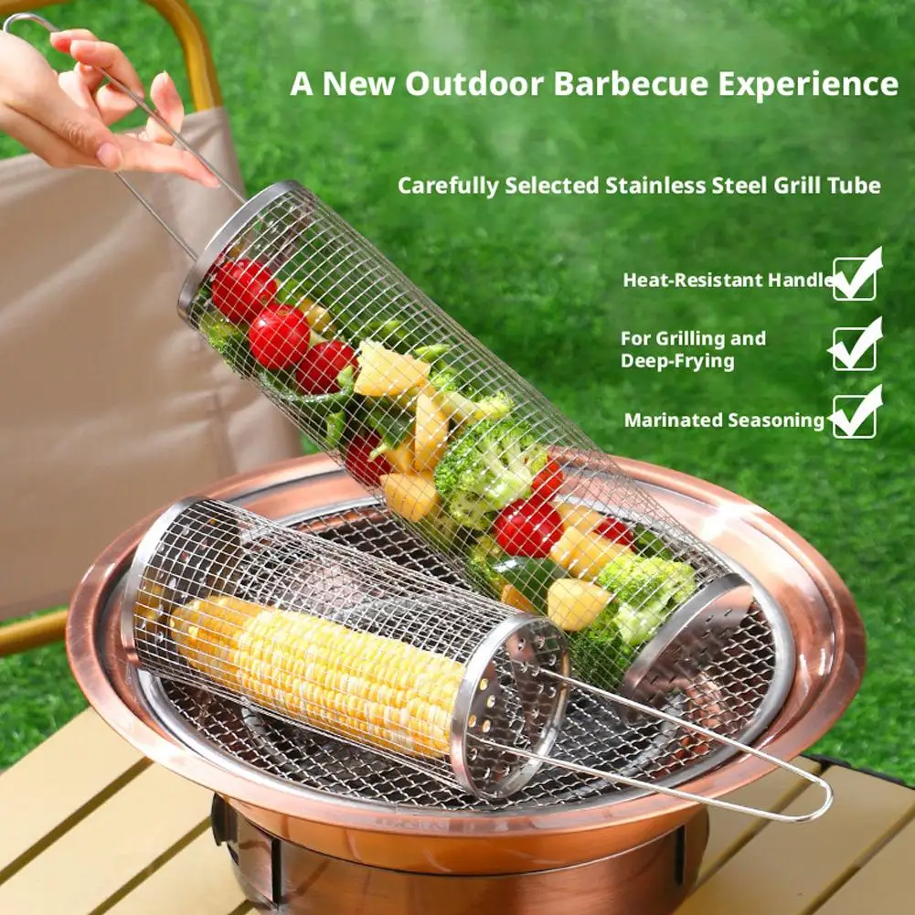 Rolling Grilling Basket Stainless Steel BBQ Cylinder Grill Mesh Round Leakproof Portable Outdoor Camping Barbecue Rack Tool