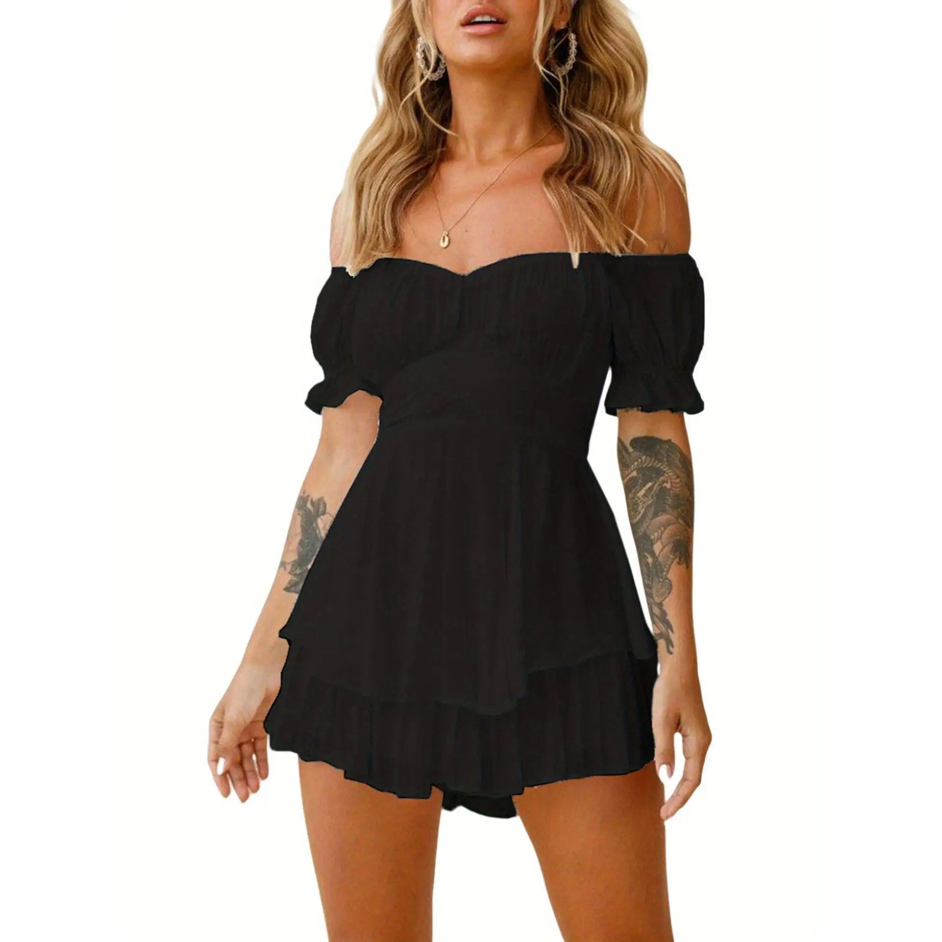 Off-the-Shoulder Romper Shorts Cross-Border One-Piece Harlan Pants Mid-Low Waist Other Material 100% Casual Pants for Women