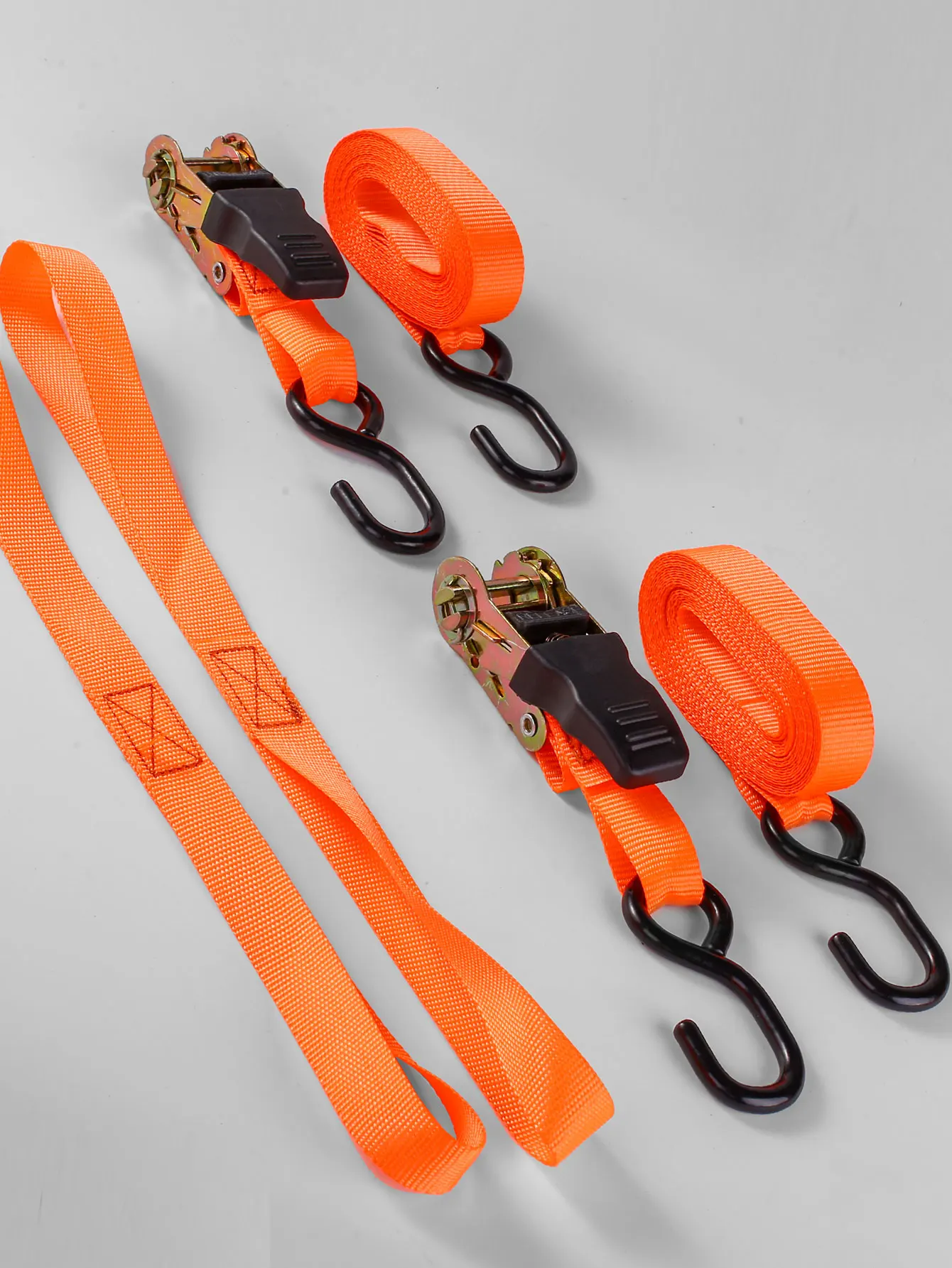 4 sets of orange ratchet tightener with steel hooks +4 short straps 2.5CM wide polyester webbing 5 meters long articles binding