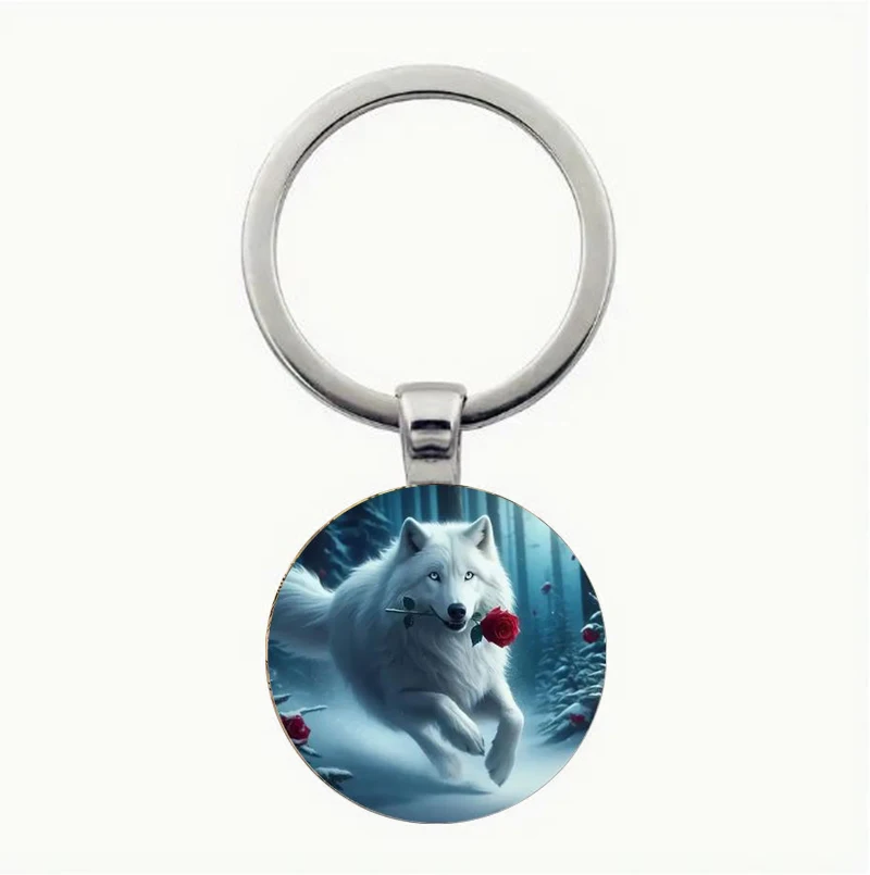 

White Wolf and Rose Keychain - An elegant zinc alloy pendant perfect for bags, cars, home decor, anniversaries, and holiday gift