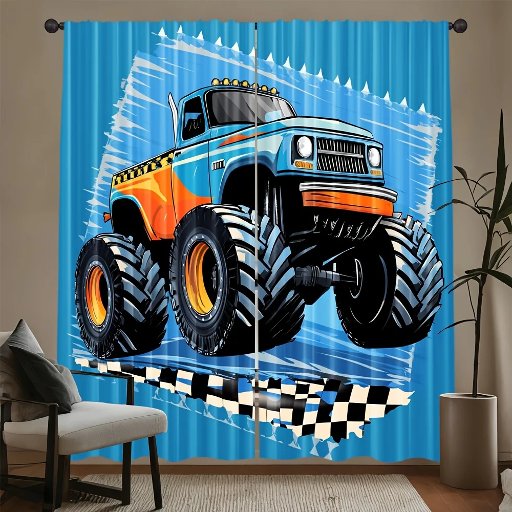 Monster Truck Curtain, Blue Offroad Vehicle Window Drape, Racing Checkered Flag Decor for Boys Room, Kids Home Textile Fabric