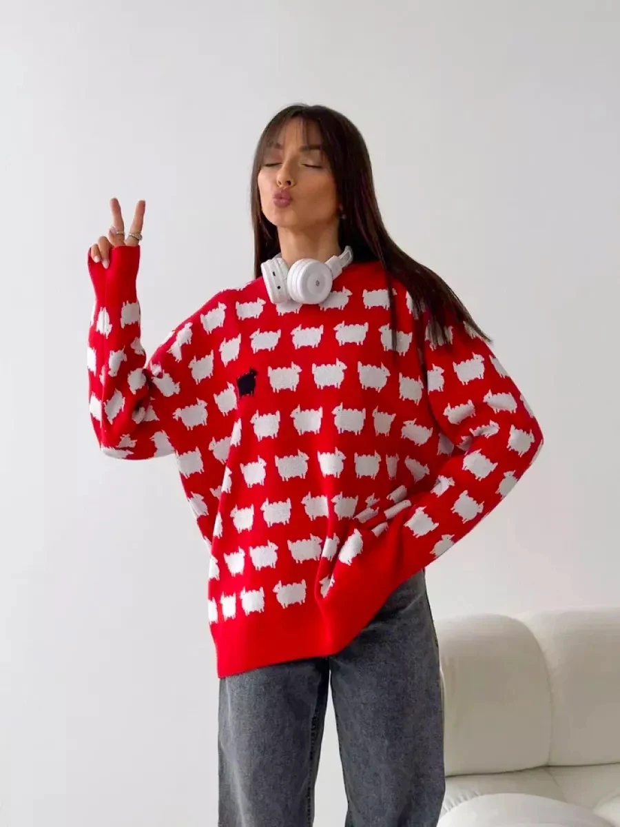 Women\'s Trendy Fashion Winter Oversized Long Sweater Cartoon Print Loose O Neck Long Sleeve Pullover Sweater