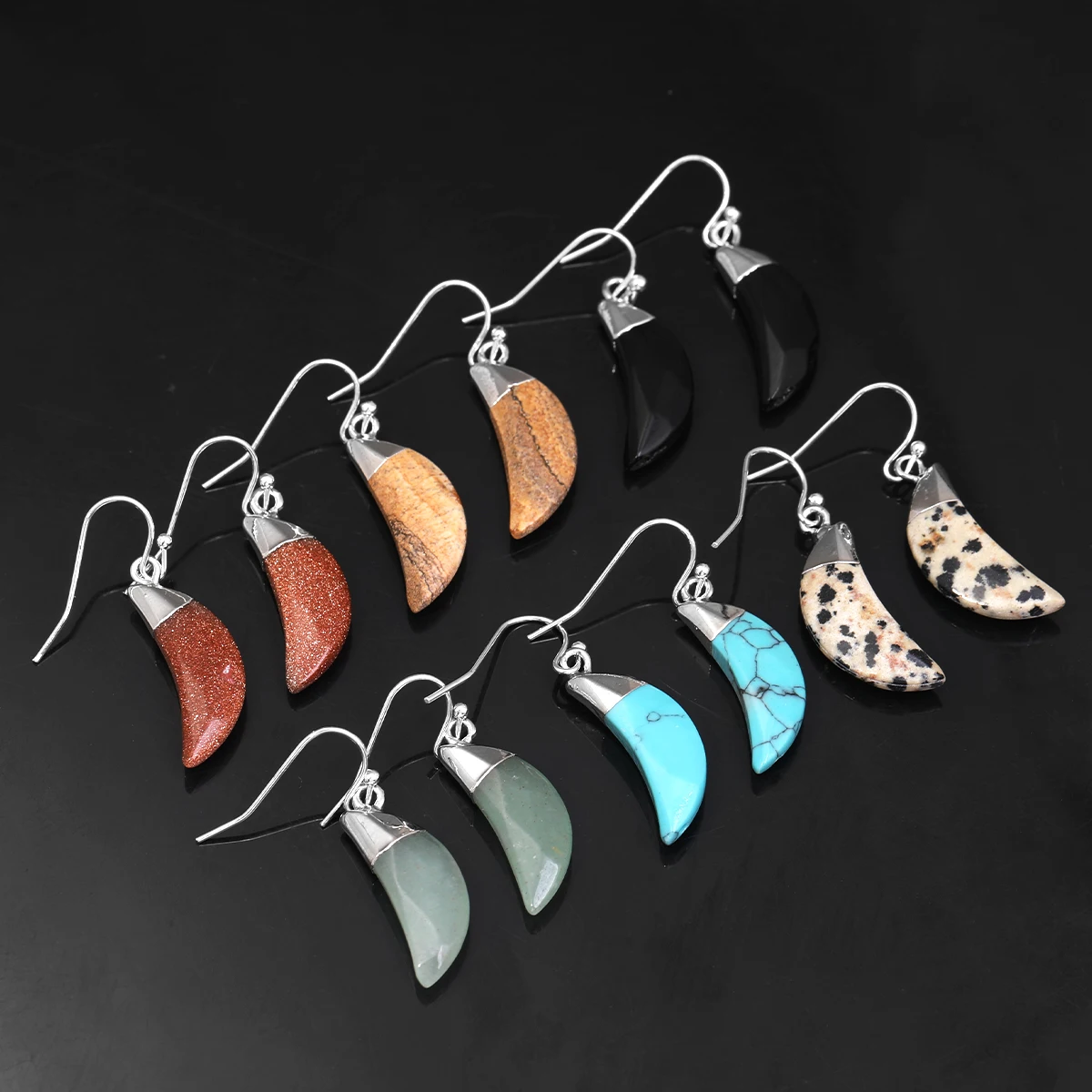 

Fashion Women's Earrings Moon Silver Natural Jade Rose Quartz White Crystal Obsidian Holiday Gifts Wholesale Drop Shipping