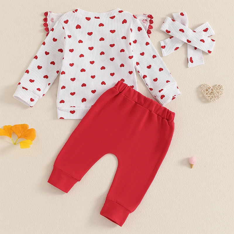 Kid Girls Clothing Set Long Sleeve Heart Print Sweatshirt with Sweatpants Headband Valentines Day Clothes Outfits Baby Costume