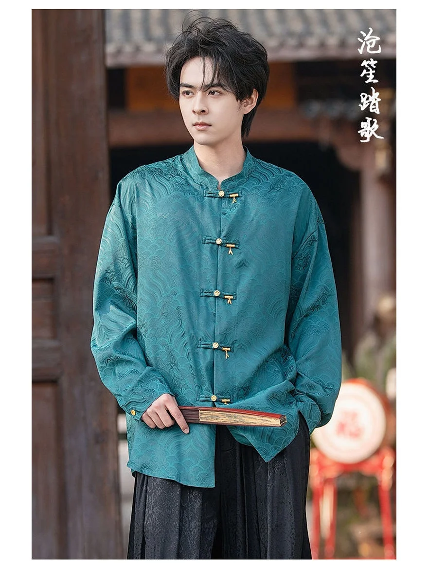 

Новая китайская мужская рубашка из шелкового атласа с длинным рукавом и вышивкой, серия Bamboo Fortune, в национальном стиле, повседневная одежда