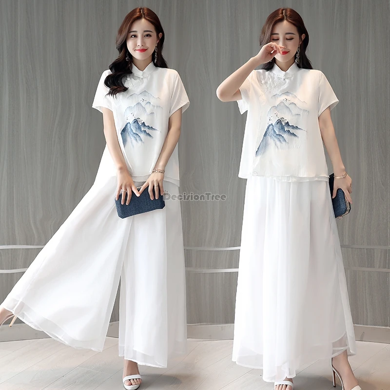 

2024 female summer vintage disc buckle short sleeve blouse chiffon wide-leg pants chinese style embroidered tang suit loose set