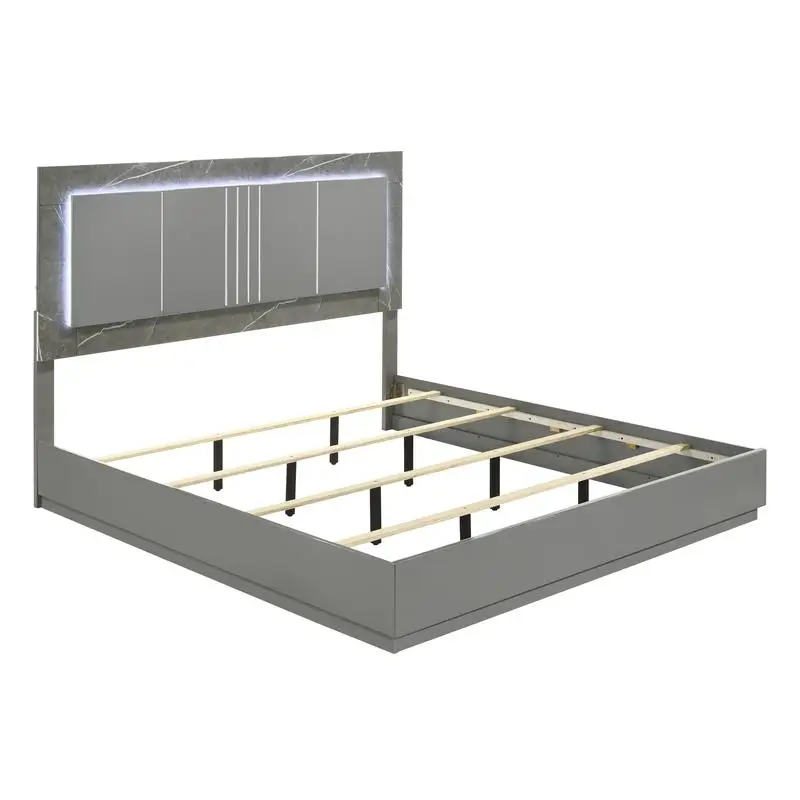 5-Piece Two-Tone High-Gloss Marble & Lacquer Set with LED Lighting, Metal Legs, Spacious Storage - Gray