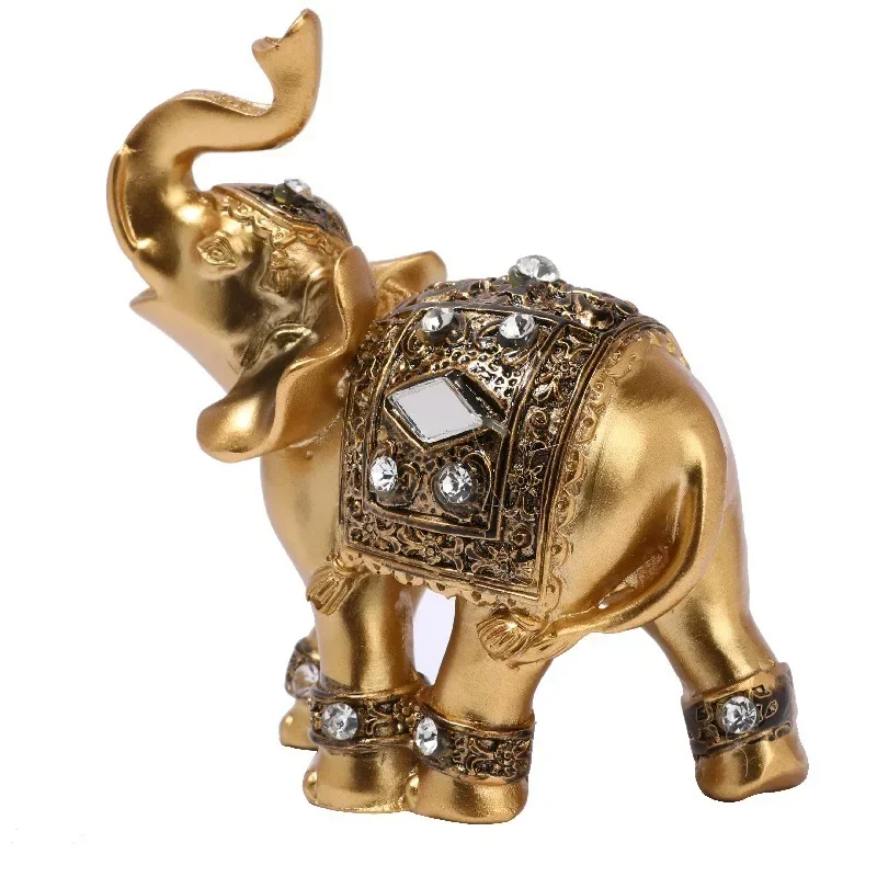 Golden Resin Elephant Statue Feng Shui Elegant Elephant Trunk Sculpture Lucky Wealth Figurine Crafts Ornaments For Home Decor