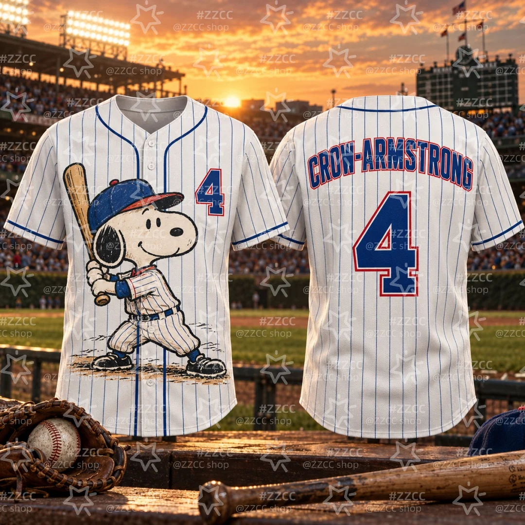 Men CROW-ARMSTRONG #4 Baseball Jersey Snoopy Button Down Short Sleeve Shirt Cartoon Sport Fan Game Day Jersey Kids Tshirt  ﻿ ﻿