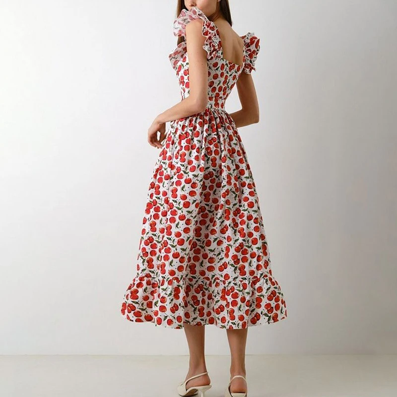 Robe longue à volants pour femmes, vêtements de plage, imprimé floral, col carré, boutons, fête, manches bouffantes, volants, style boho, été