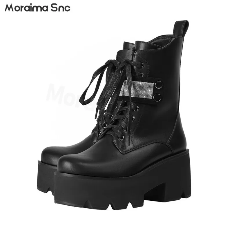 

Black Lace-Up Boots with Sequins Round Toe Thick Soles Thick Heels Short Boots Simple and Fashionable Design Women's Boots