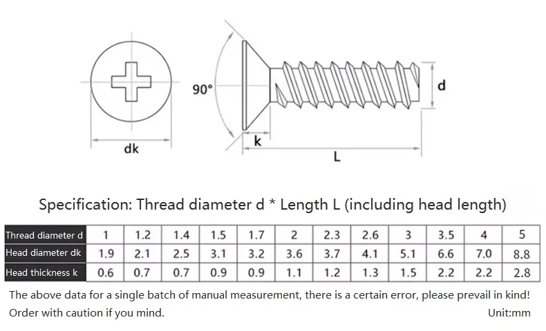 M1 M1.2 M1.4 M1.7 M2 M2.3 - M5 Black 304 Stainless Steel Cross Recessed Countersunk Head Flat Tail Self-tapping Screw Mini Screw