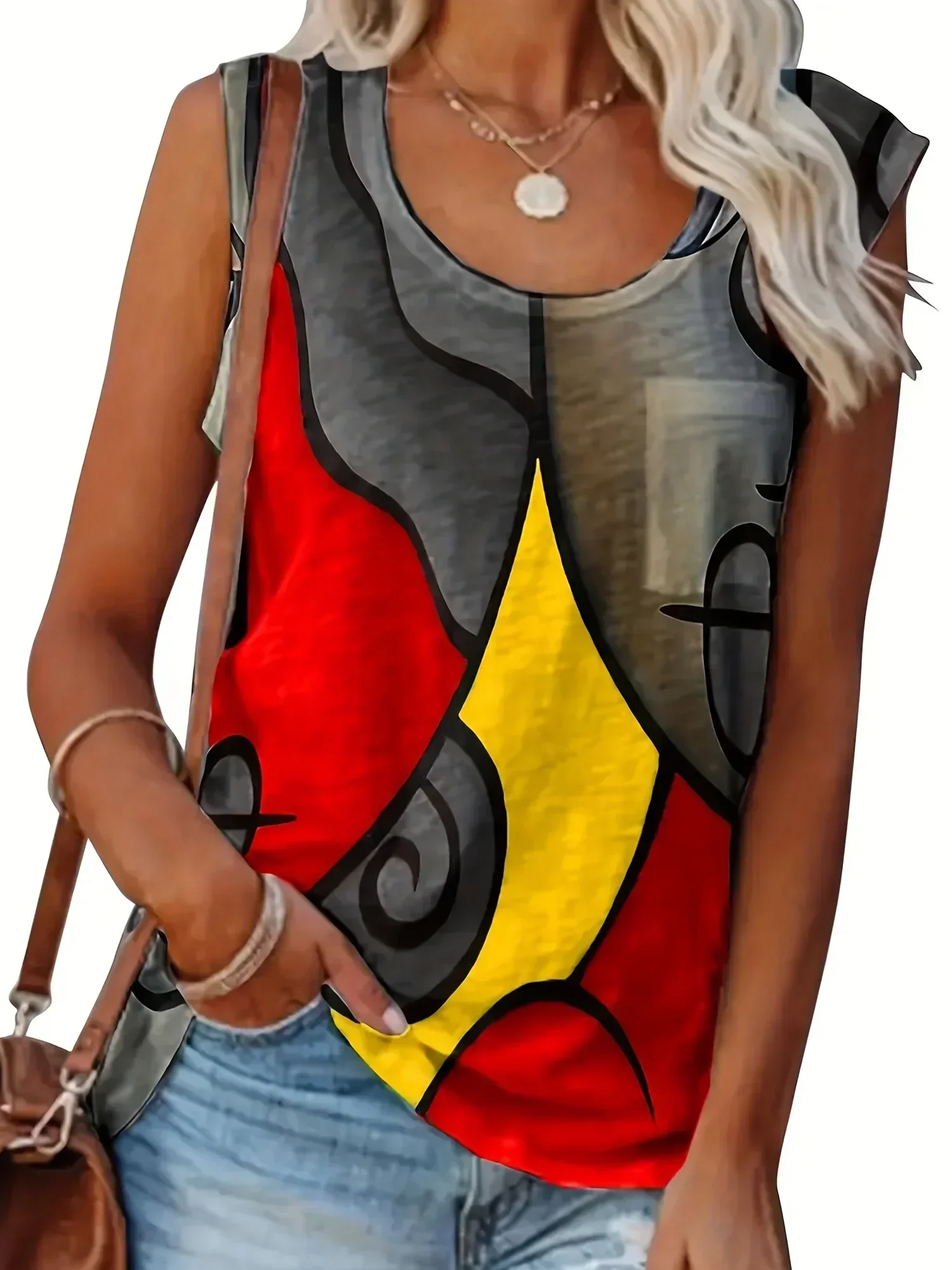 Moda damska plus size 1XL-8XL, bezrękawniki damskie z nadrukiem colorblock, codzienne letnie topy na ramiączkach z okrągłym dekoltem. — zdjęcie 3