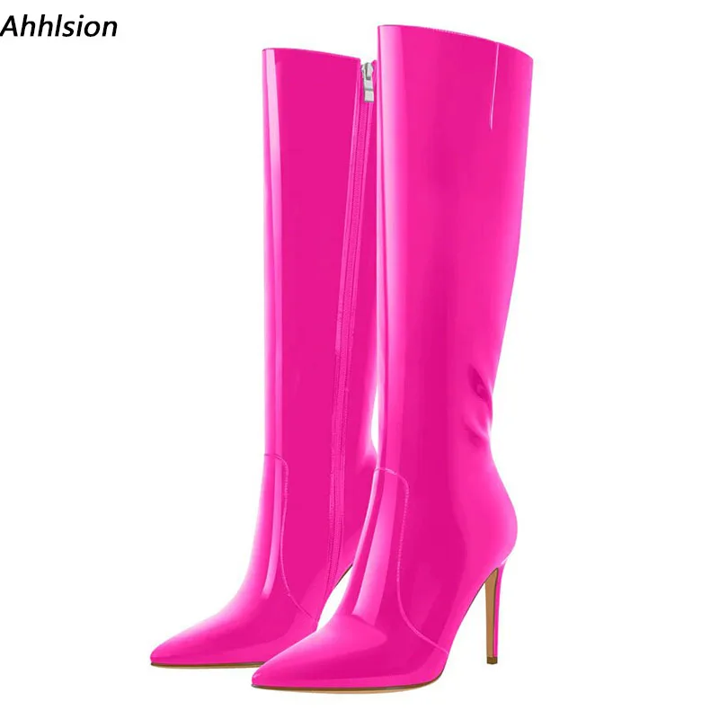

Ahhlsion Handmade Women Winter Knee Boots Patent Leather Stiletto Heels Pointed Toe Nice Fuchsia Club Shoes Ladies US Size 5-15