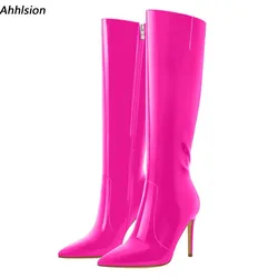Ahhlsion Handmade Women Winter Knee Boots Patent Leather Stiletto Heels Pointed Toe Nice Fuchsia Club Shoes Ladies US Size 5-15