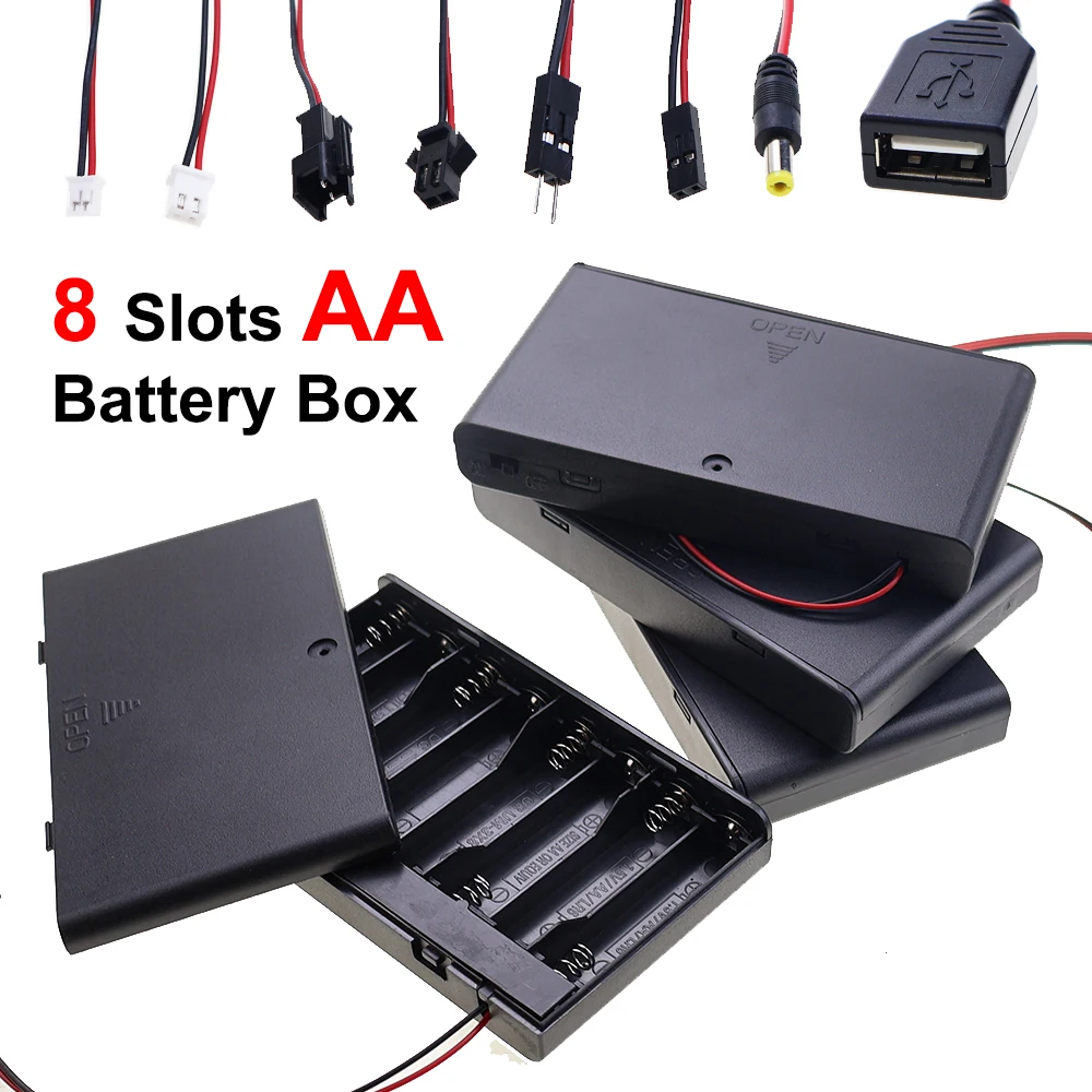 AA Battery Holder Box 8 Slots Battery Storage Case With Switch & Cover & PH2.0 XH2.54 DC5.5X2.1 USB2.0 DuPont Terminal Wire