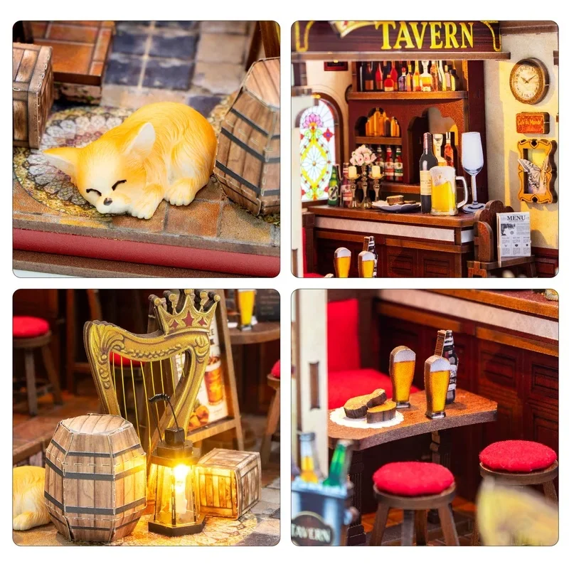 DIY Wooden Crown Tavern Cottage Miniature Model Kits With Furniture Puzzles Casa Dollhouse for Friends Birthday Gifts