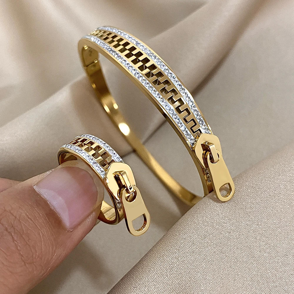 Greatera Zipper Cubic Zircon Filled Sparkly Buckle Bracelet Ring For Men Personality Design Stainless Steel Women\'s Jewelry