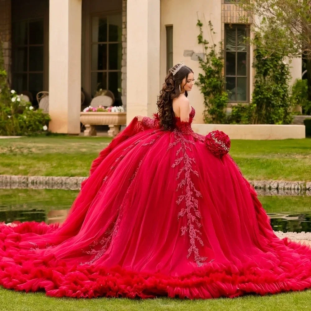 Vestidos de quinceañera Charro rojos, vestido de baile con apliques de corazón y volantes, vestidos mexicanos dulces 16, 15 años personalizados