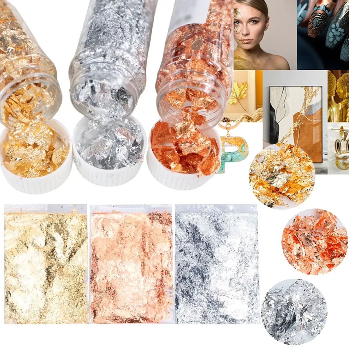 Feuille de paillettes en vrac pour la décoration de manucure, feuille de flocon de cuir chevelu, or, argent, cuivre, dorure, accessoires d'art des ongles