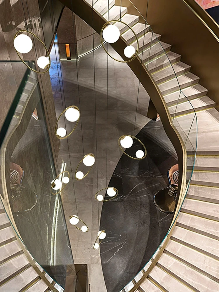 

Postmodern Magic Bean White Glass LED chandelier lustre Brass Circular Decoration Ceiling Dimmable for Spiral Staircase