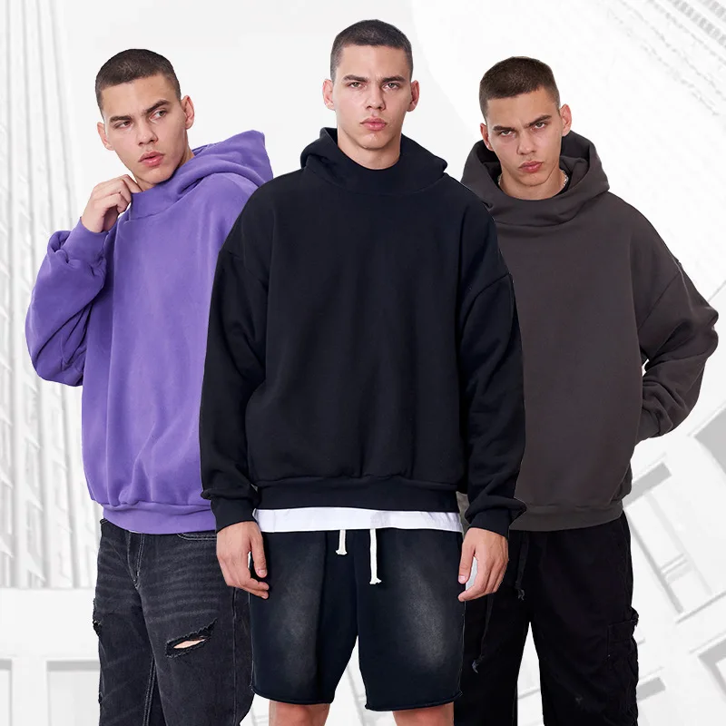 

2025 Autumn/Winter New Heavy Short Wide Trendy Brand Hoodie High Quality Loose Solid Color with Velvet Shoulder Down Men's Hoodi