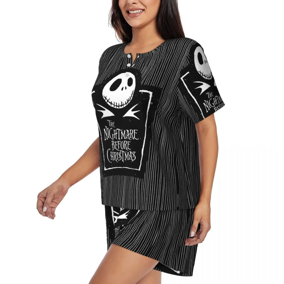 مخصص فيلم الرعب عيد الميلاد الجمجمة جاك منامة مجموعة المرأة 2 قطعة قصيرة الأكمام تيم بيرتون هالوين ملابس خاصة السراويل مجموعات