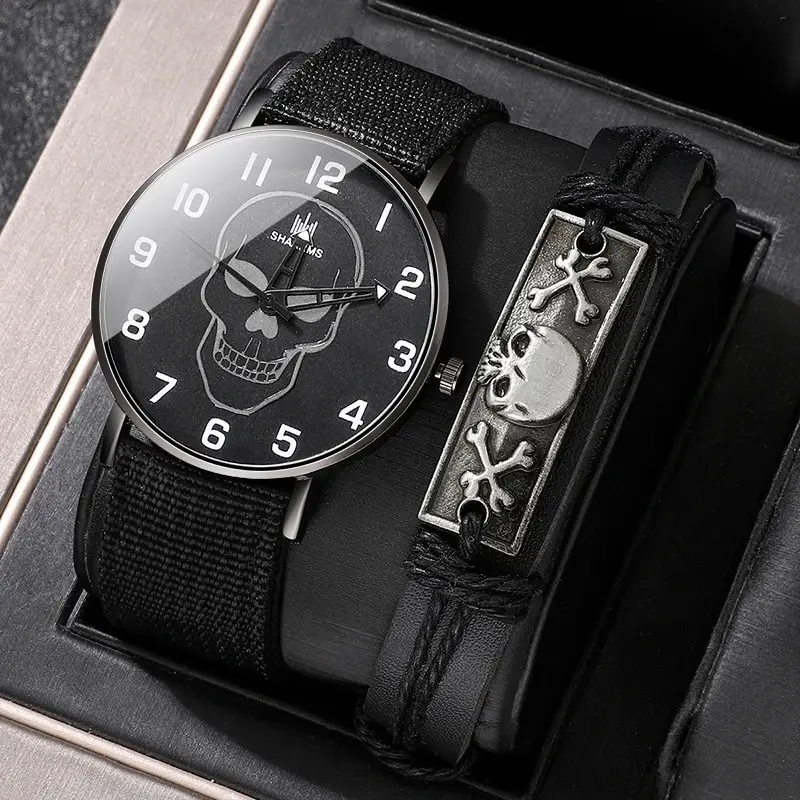 Luxury Classic Skull Dial Design Mens Watch Nylon Strap Sports Watches Casual Black Men Watch Fashion Big Dial Male Clock Relogi