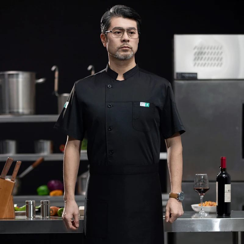 Chaquetas de Chef de manga corta para cocina, uniforme de Chef para restaurante, camisa con logotipo personalizado, servicio de panadería, vestido de Chef transpirable, delantal blanco para hombres