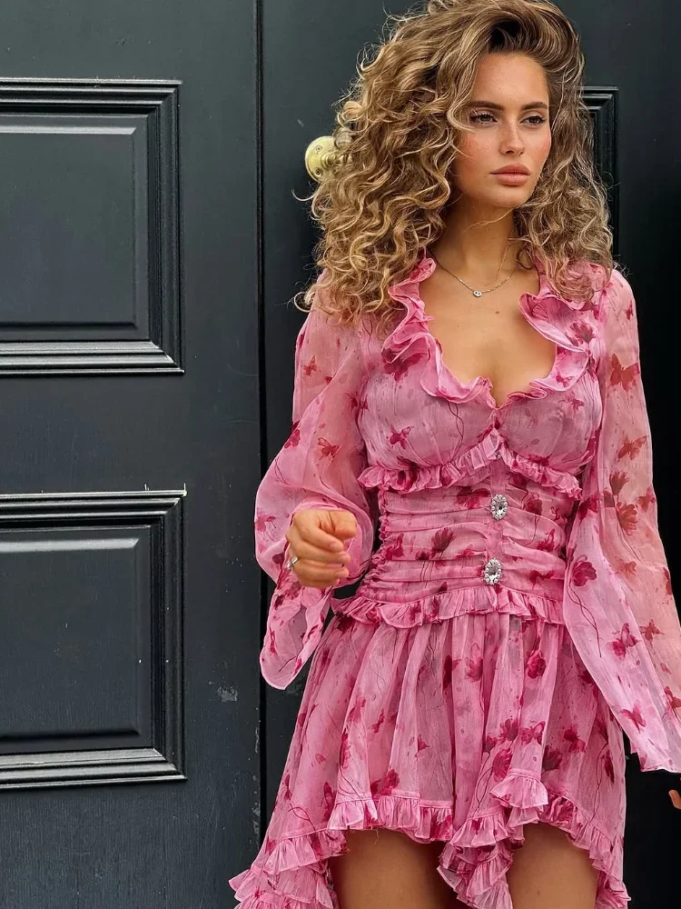 

Women Elegant Floral Printed A-line Dress Sexy Long-sleeved Waist Cinching Pleated Ruffle Mini Dresses 2026 Lady Vacation Gown