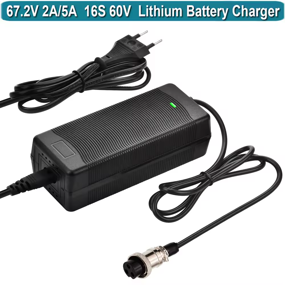67.2V 2A מטען 16S Li-ion סוללת 110V-240V 60V מטען פלט 2A עבור 60V Lithium Health Care 59.2V GX16 שקע תקע 3-פינים
