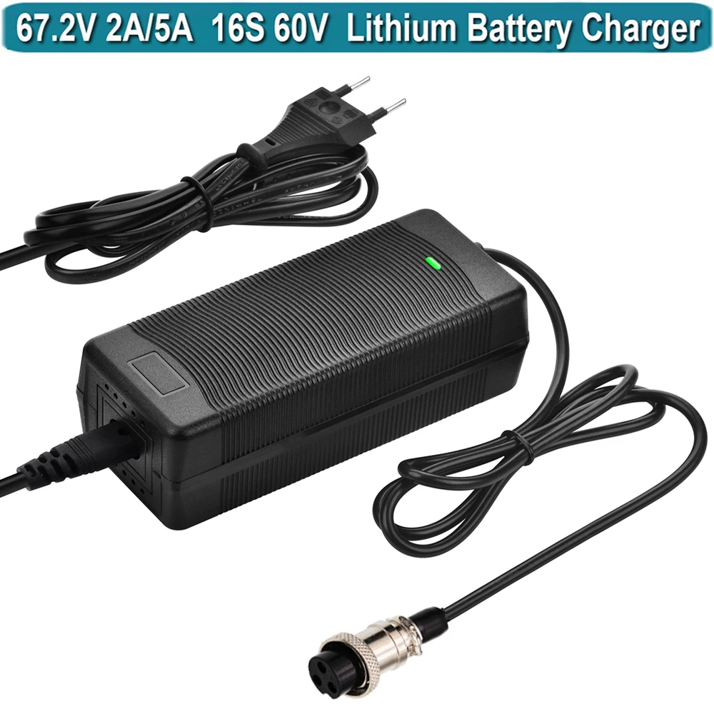 67.2V 2A Charger 16S Li-ion Battery 110V-240V 60V Charger Output 2A for 60V Lithium Health Care 59.2V GX16 3-Prong Plug Jack 